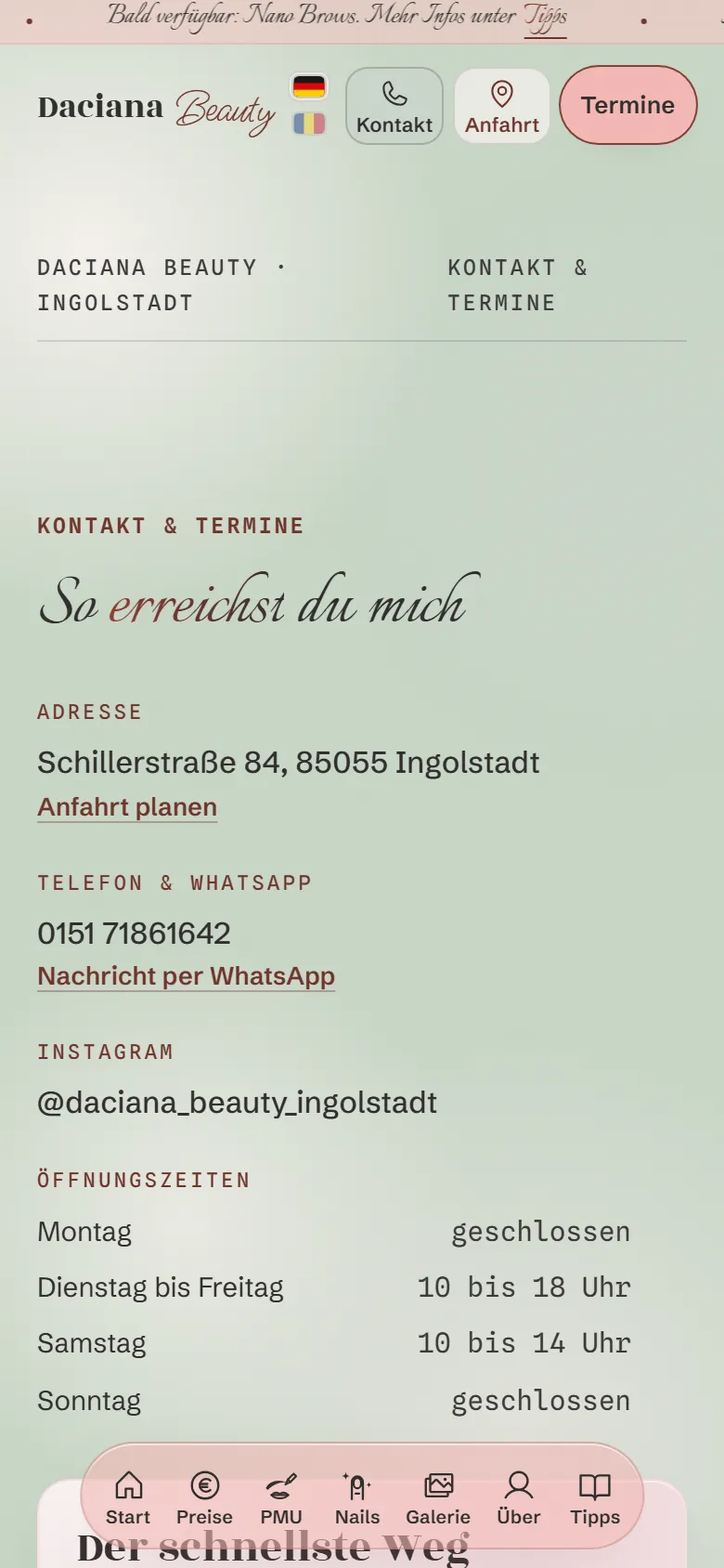 Neue Kontaktseite mit Adresse, Zeiten, WhatsApp, Anfahrt und Buchung