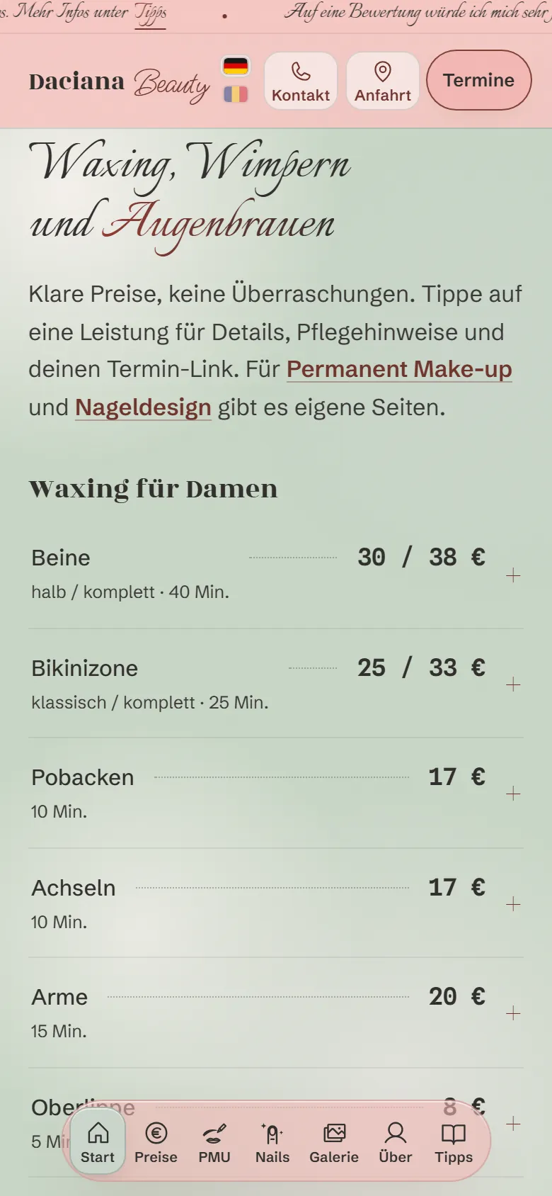 Aufklappbare Preisliste der neuen Startseite