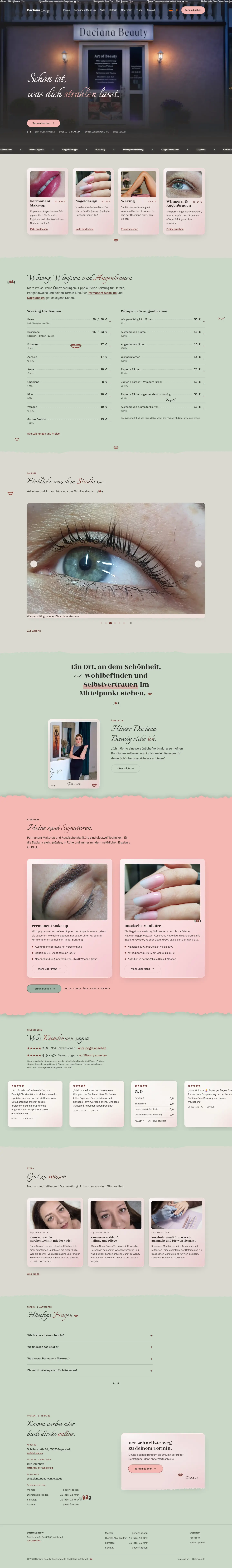 Komplette neue Startseite von Daciana Beauty am Desktop: Hero, Leistungs-Band, Bereiche, Preise, Galerie, Statement, Über mich, Signaturen, Bewertungen, Tipps, Fragen, Kontakt