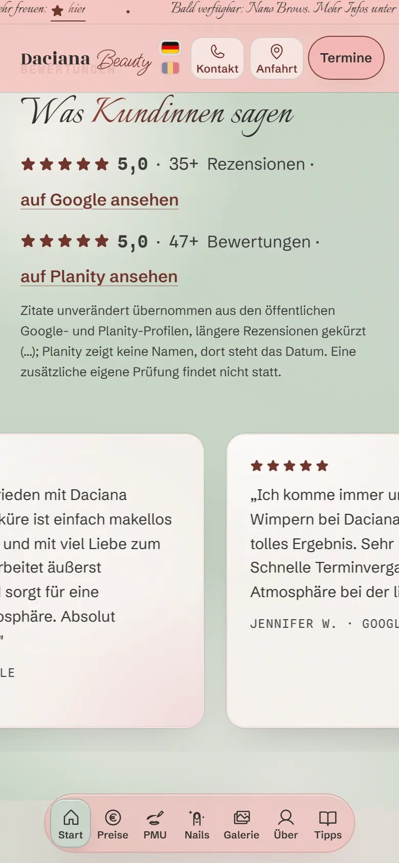 Bewertungen mit Google- und Planity-Quelle auf der neuen Startseite