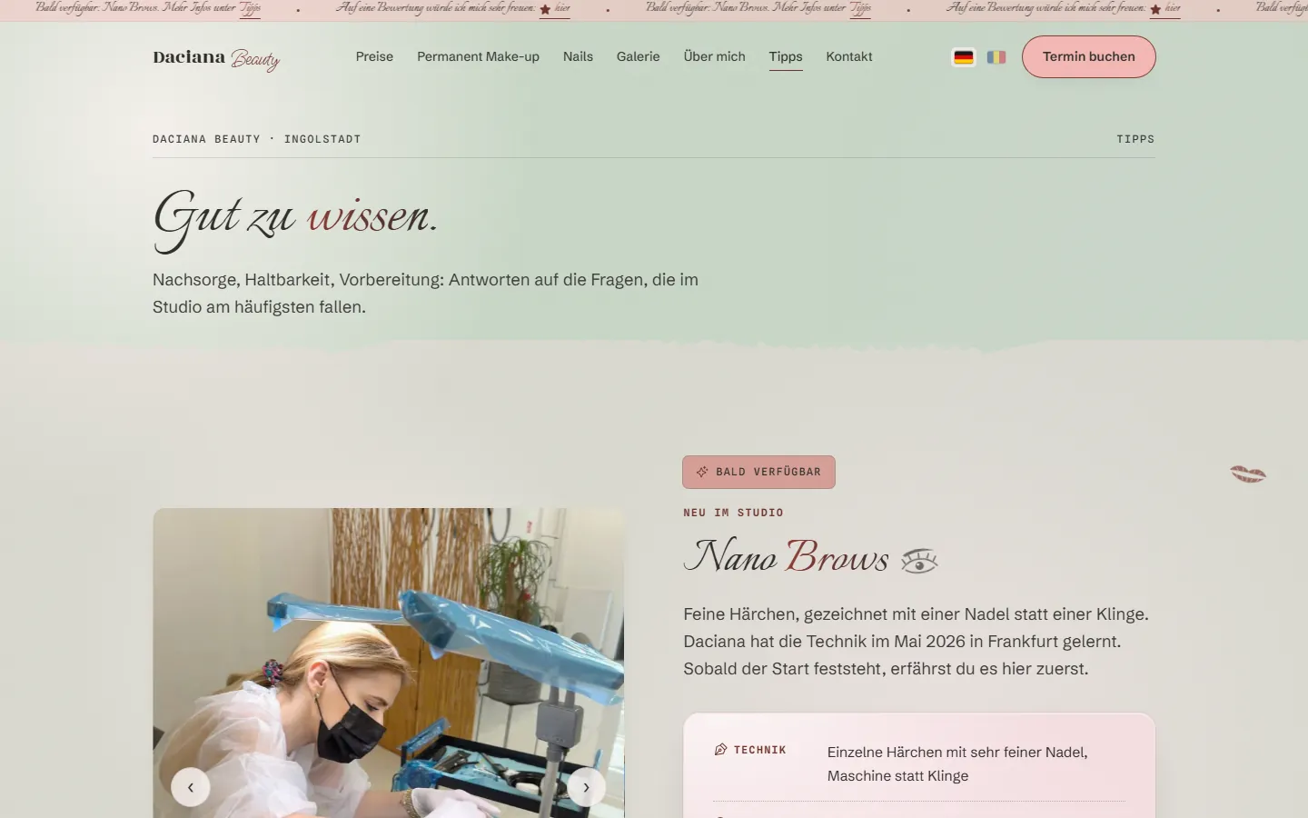 Tipps-Seite am Desktop mit der Nano-Brows-Vorschau und dem Artikel-Raster