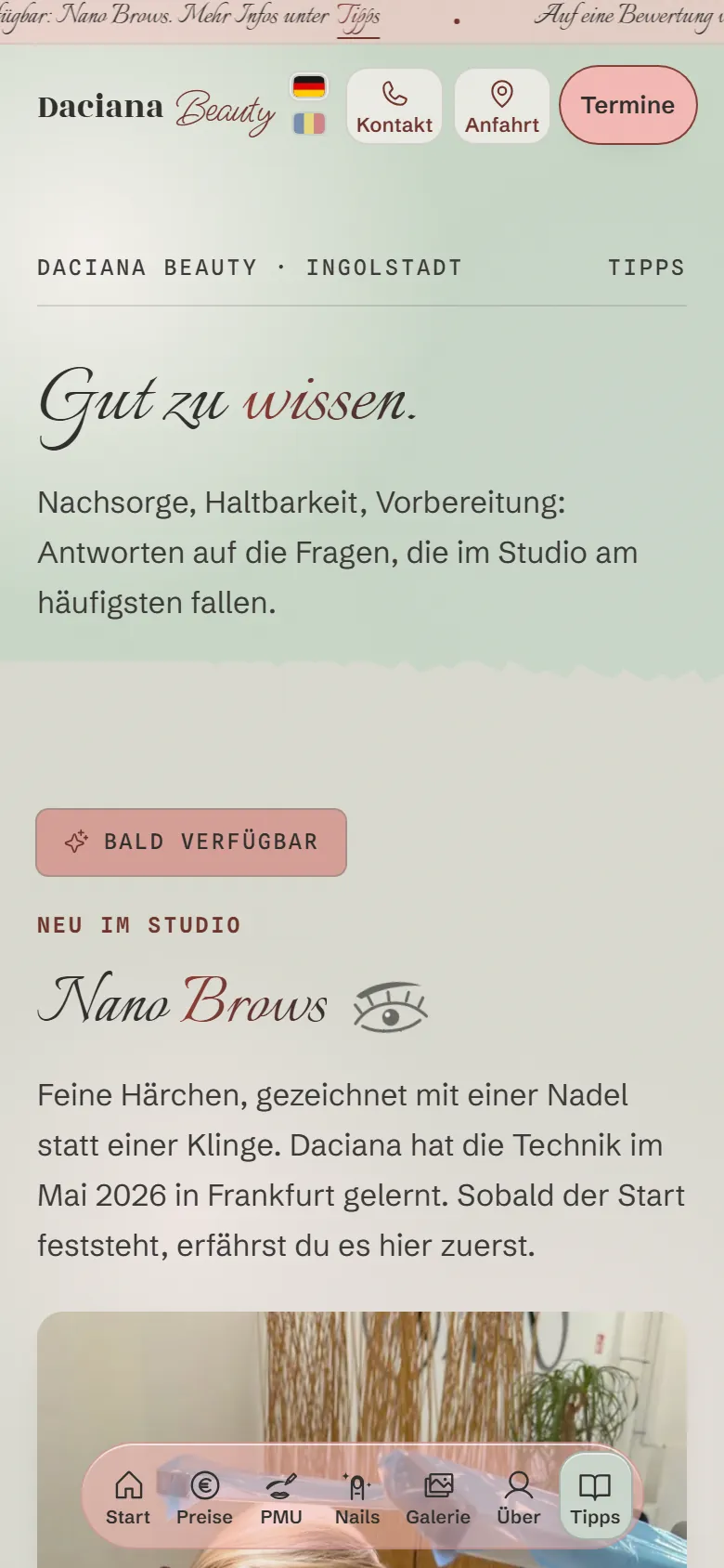 Neue Tipps-Seite mit der Vorschau auf Nano Brows