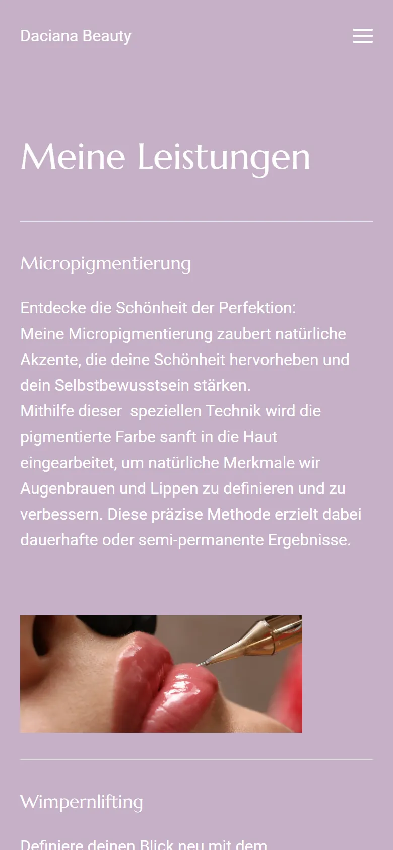 Alte Seite „Meine Leistungen“: weißer Fließtext auf Flieder