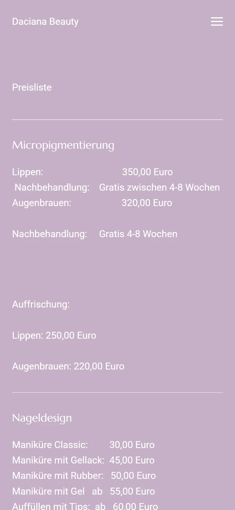 Alte Preisliste auf dem Handy: Fließtext mit Leerzeichen-Spalten