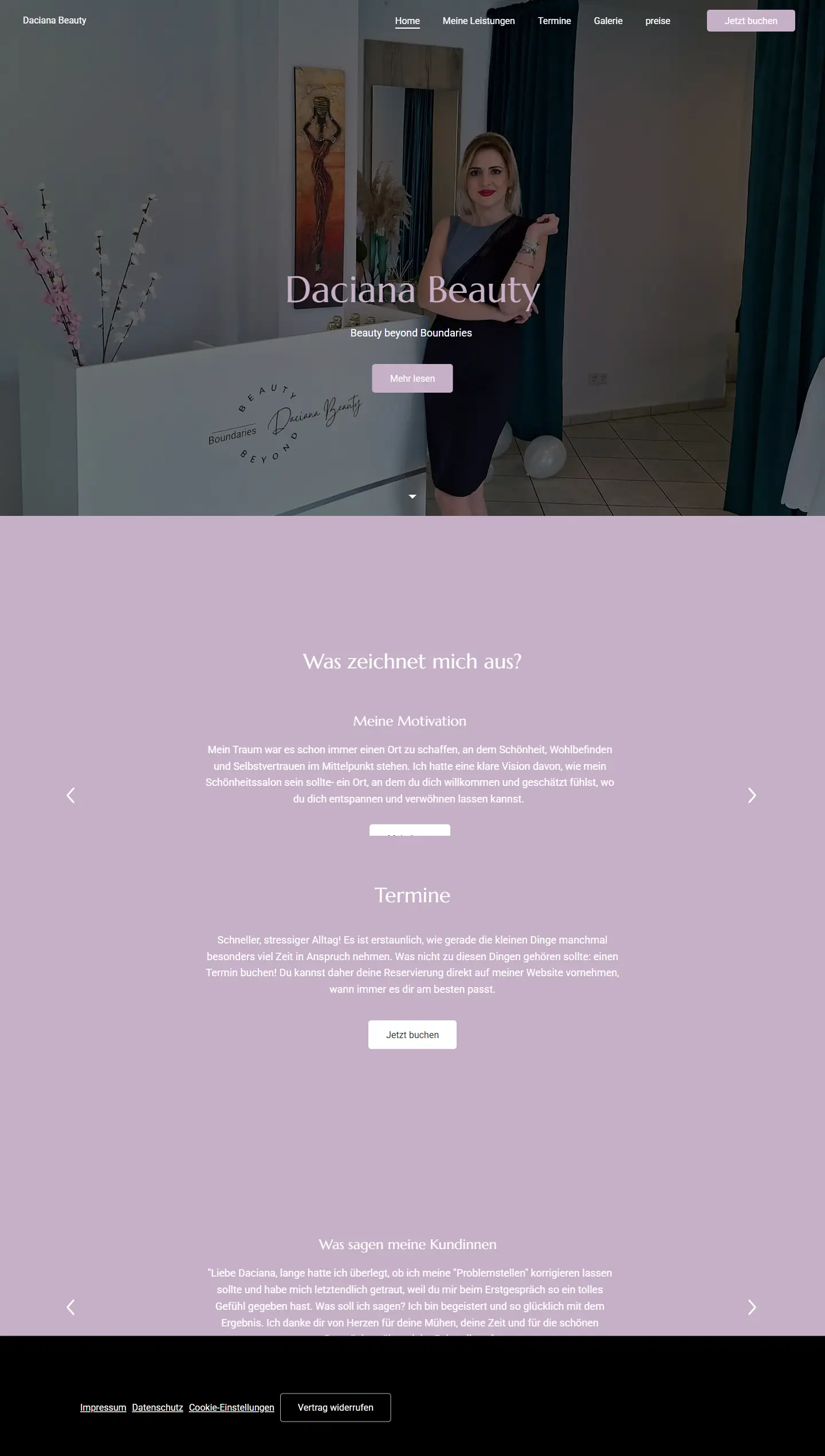Komplette alte Startseite von Daciana Beauty am Desktop: Hero mit Studiofoto, Karussell „Was zeichnet mich aus?“, Termin-Absatz, drei Zitate, Fußzeile