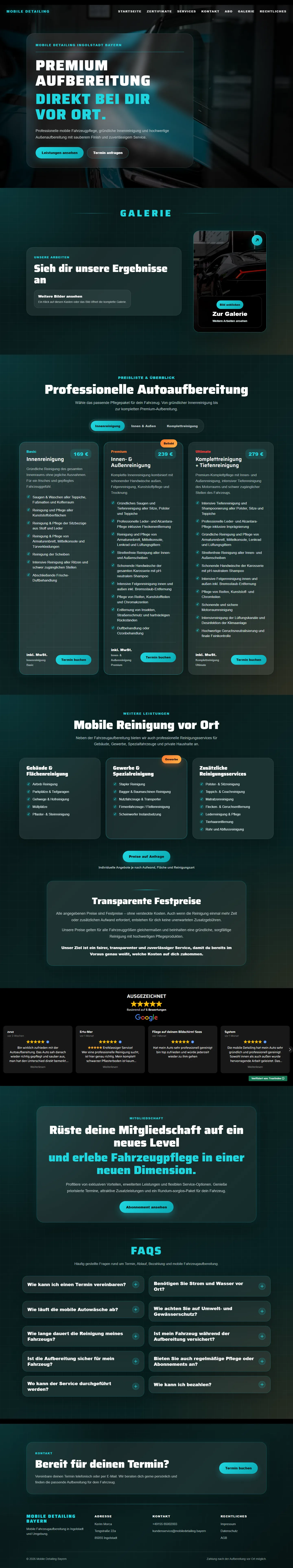 Komplette Startseite der Mobile-Detailing-Bayern-Website mit Festpreis-Paketen, Galerie, Bewertungen und FAQ