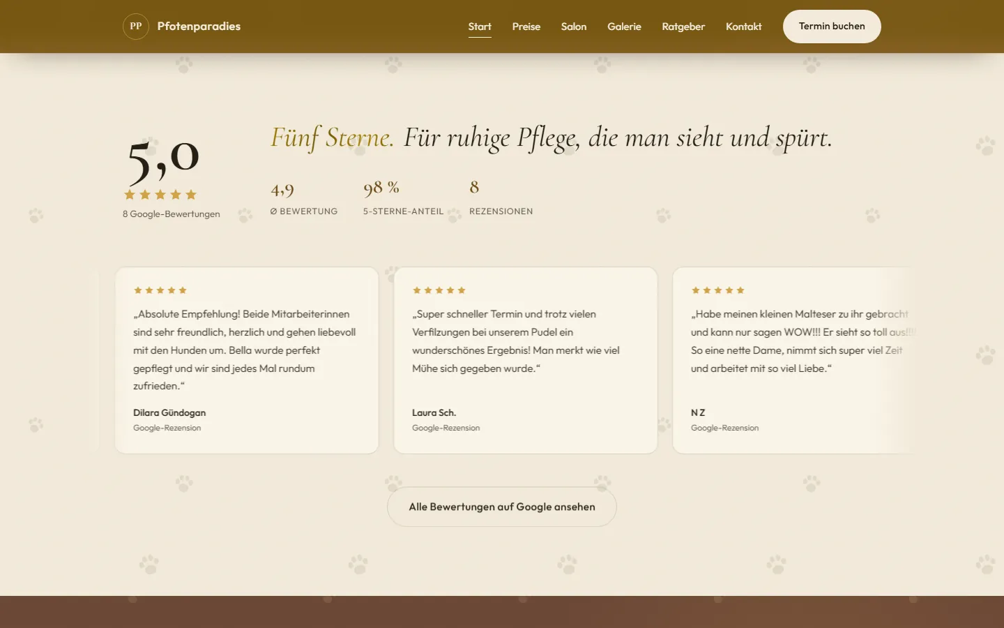 Google-Bewertungen-Sektion der neuen Pfotenparadies-Website: 8 Rezensionen mit echten Kundenzitaten