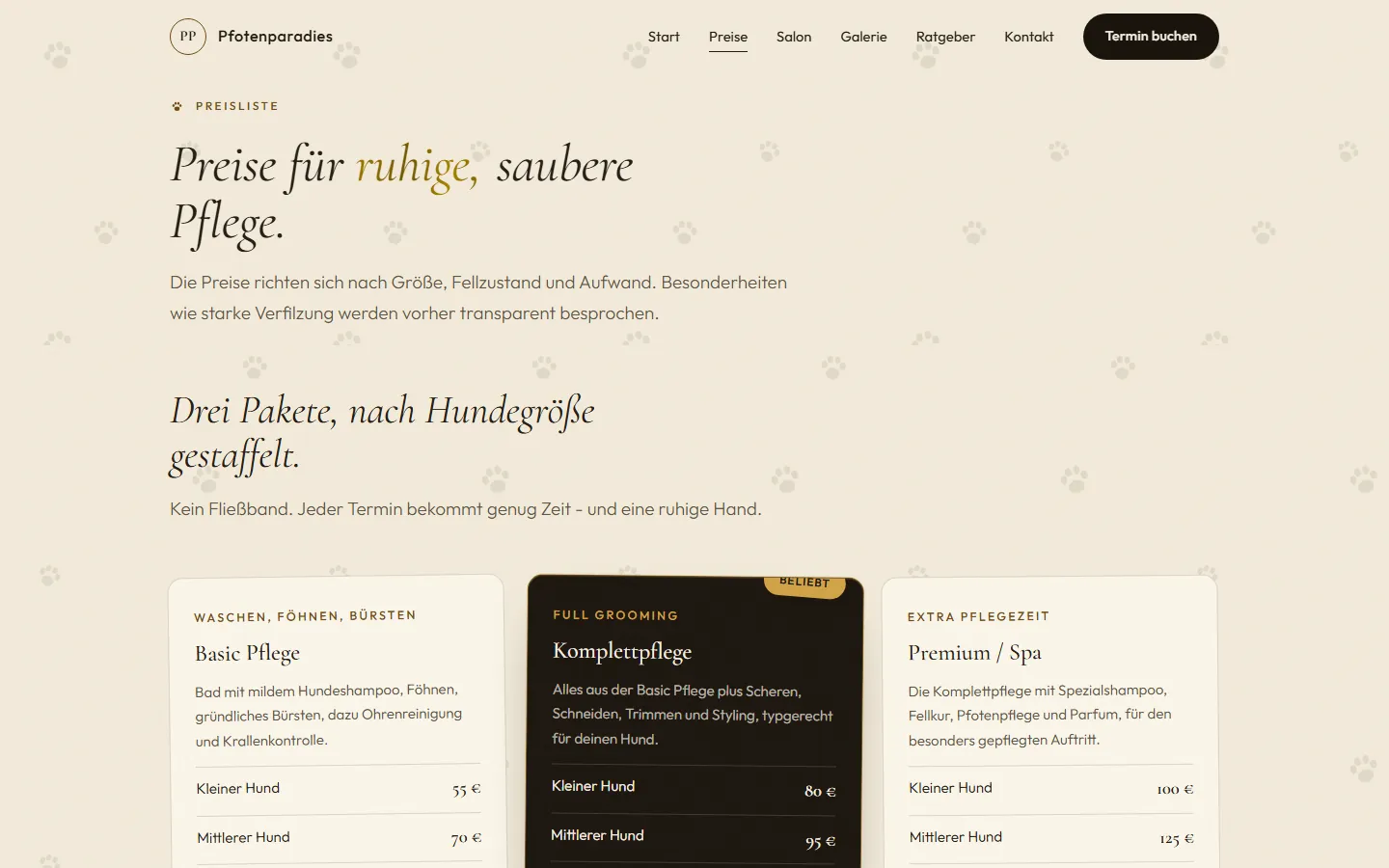 Preisseite der Pfotenparadies-Website nach dem Redesign