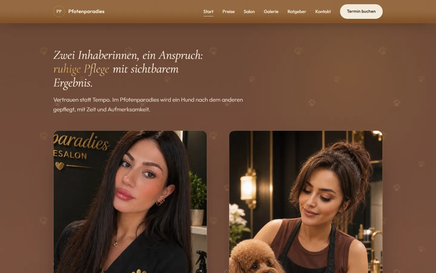 Neues Team-Band der Pfotenparadies-Startseite: die zwei Inhaberinnen mit Fotos aus dem Salon