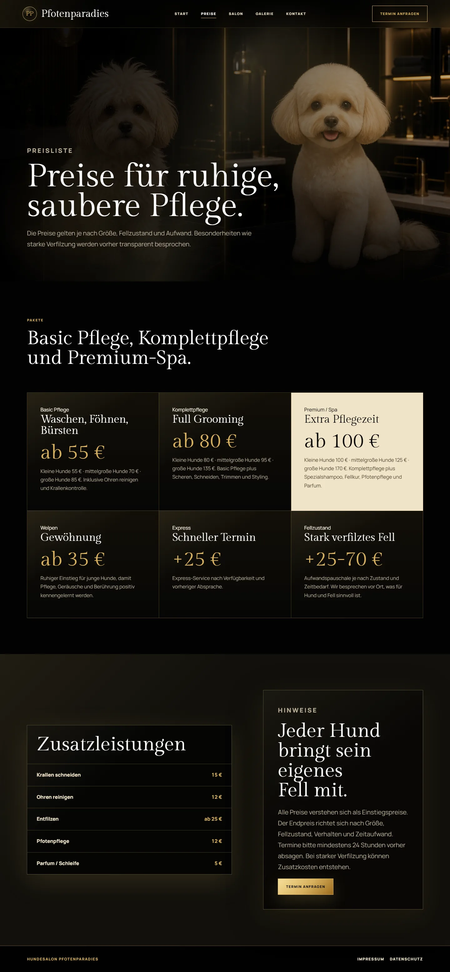 Komplette Preisseite der Pfotenparadies-Website mit Paketen und Zusatzleistungen