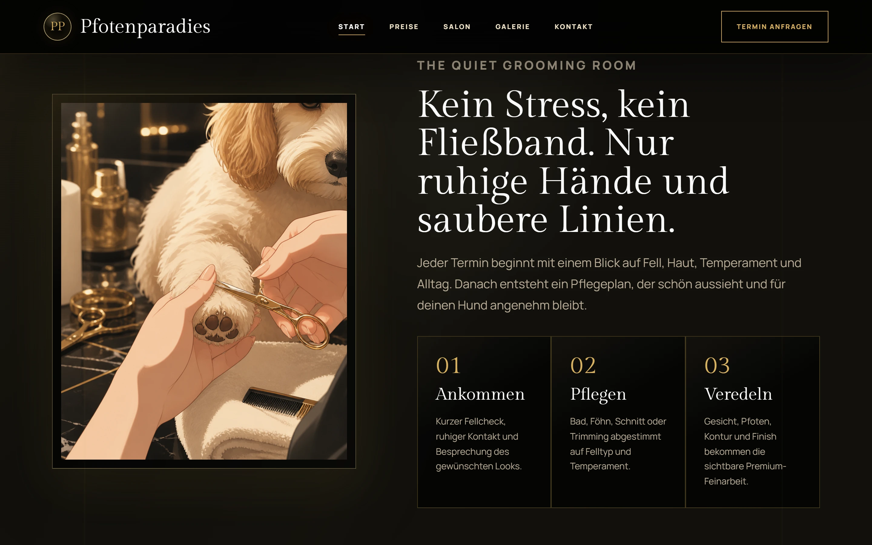 Ablauf-Sektion der ersten Pfotenparadies-Website: Eyebrow „The Quiet Grooming Room“ mit nummerierten Schritten 01/02/03