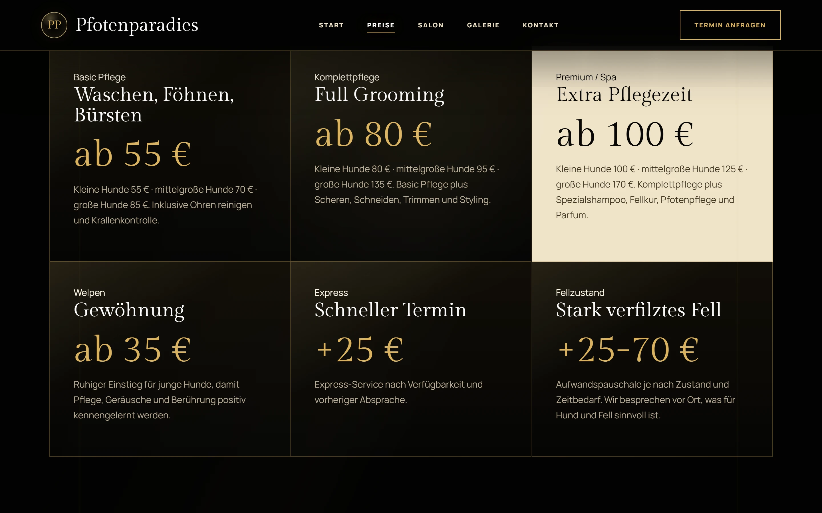 Preisseite der ersten Pfotenparadies-Website zur Eröffnung