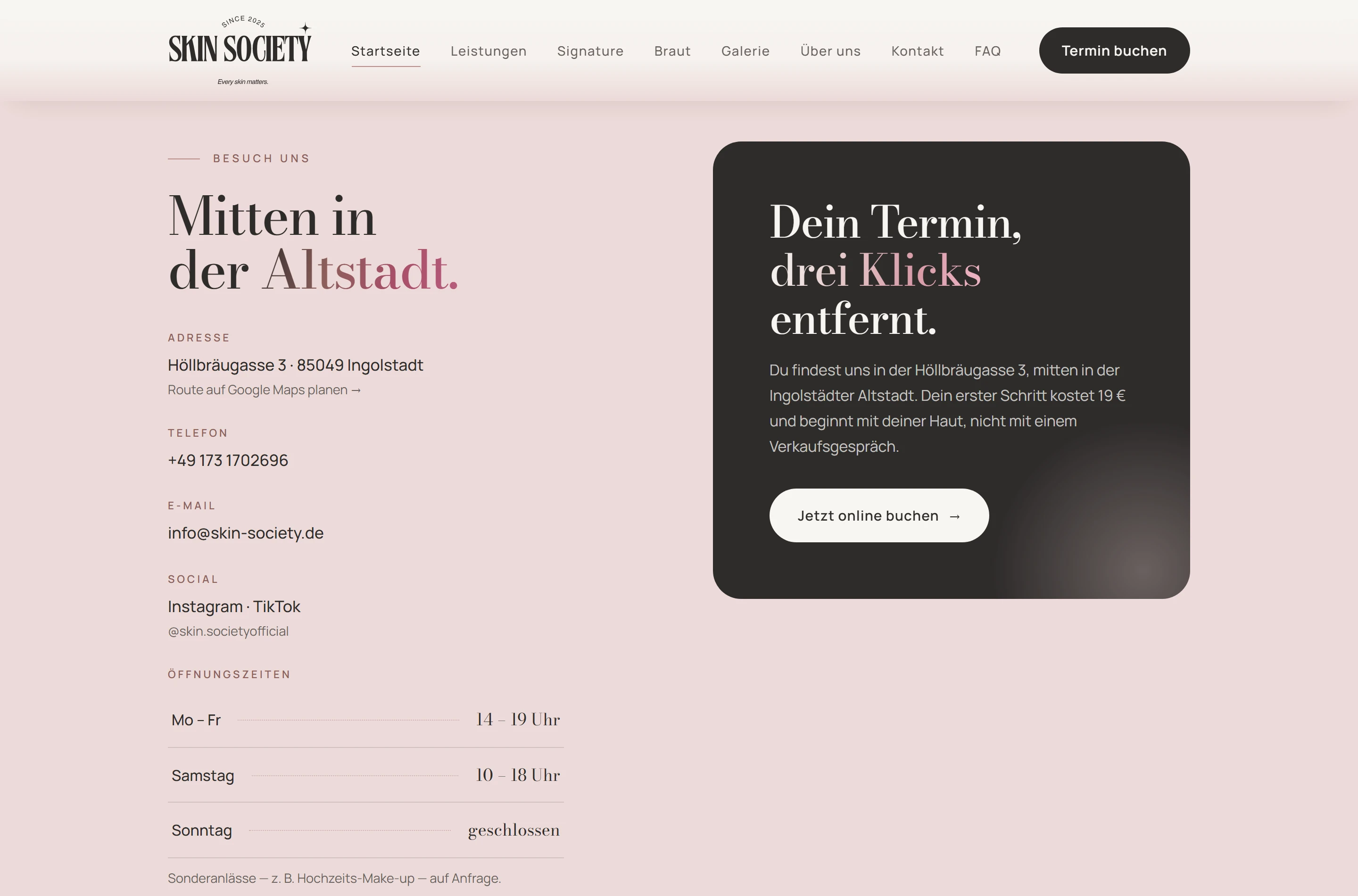 Besuch-uns-Bereich des neuen Skin-Society-Redesigns: Adresse, Karten-Link, Öffnungszeiten und Buchungs-CTA in einem Block