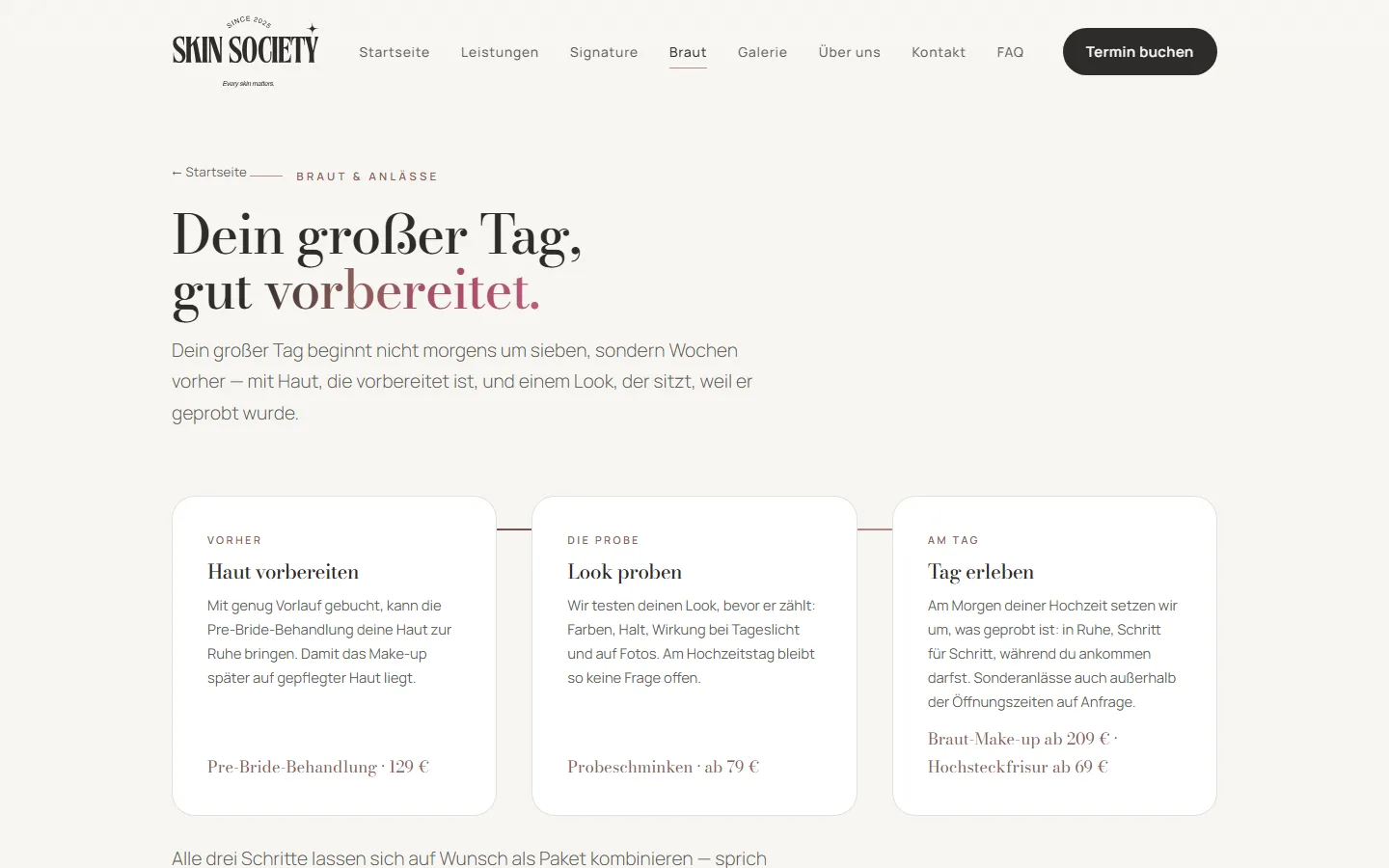 Braut-Bereich des neuen Skin-Society-Redesigns: Pre-Bride-Behandlung, Probeschminken und Braut-Make-up als Journey