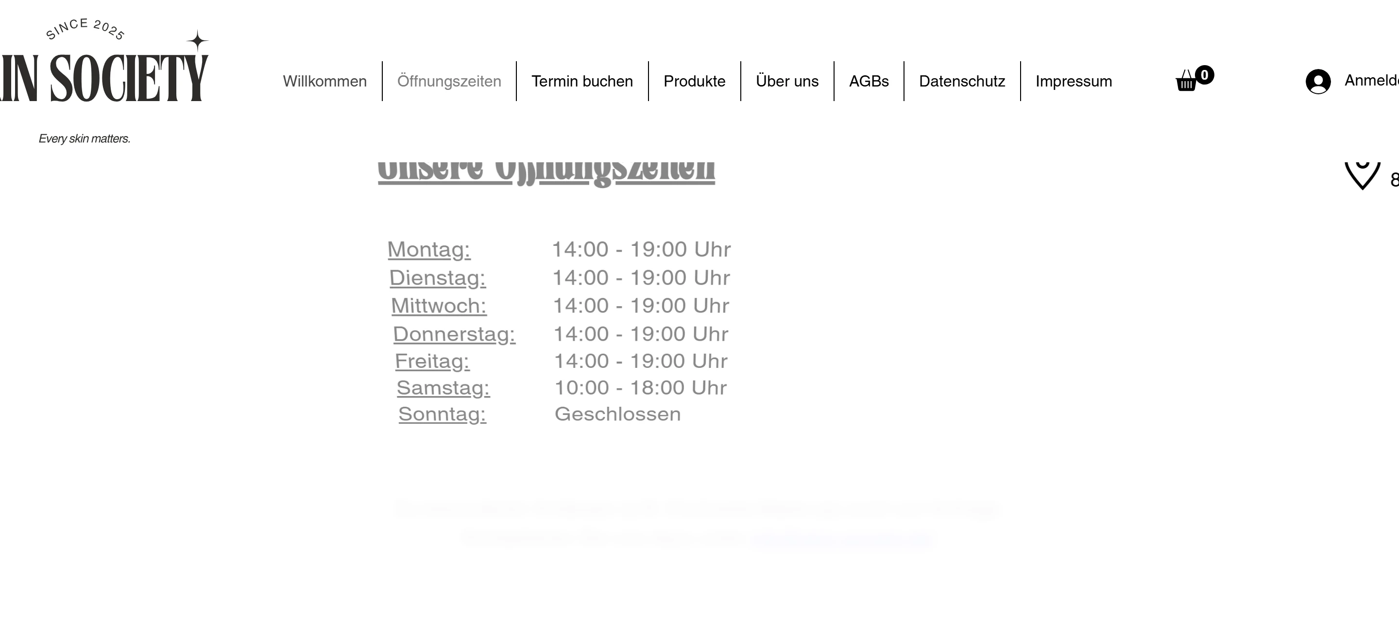 Öffnungszeiten-Block der alten Skin-Society-Website auf Wix: reine Zeitentabelle ohne Adresse oder Karten-Link