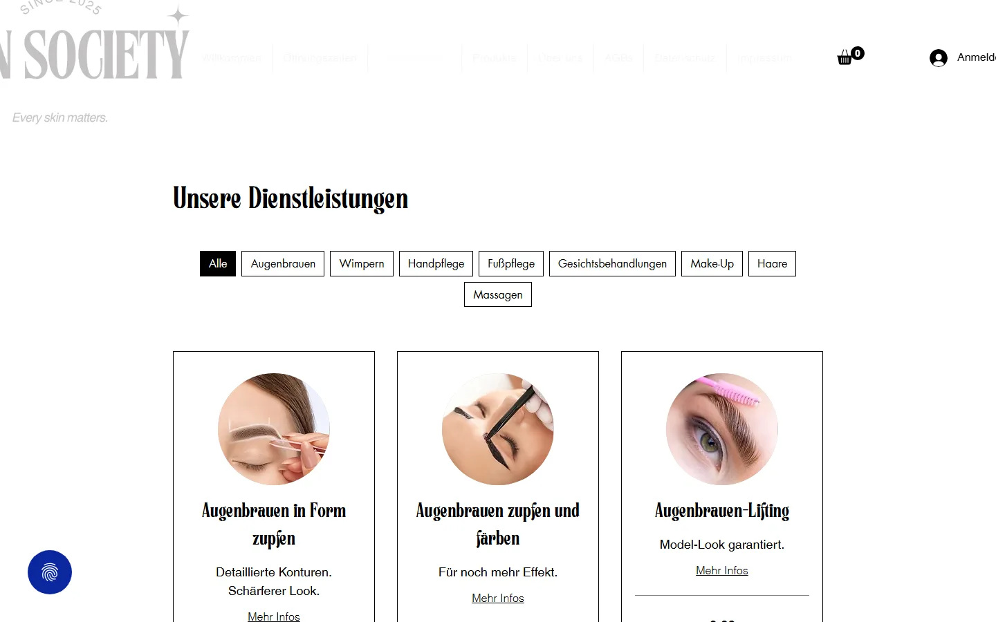 Buchungsseite der alten Skin-Society-Website auf Wix mit Preisliste