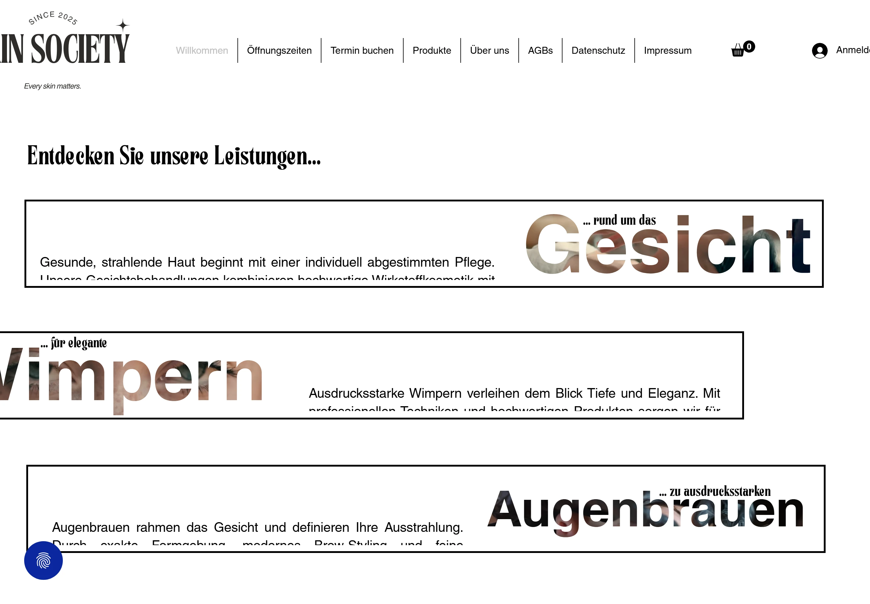 Zweiter Bildschirm der alten Skin-Society-Startseite auf Wix: Bereich „Entdecken Sie unsere Leistungen